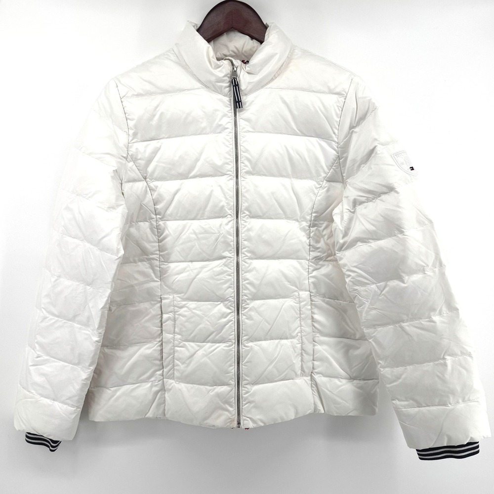 Tommy Hilfiger Puffer Jacket Womens L White Down Fill Quilted Coat Ski Winter